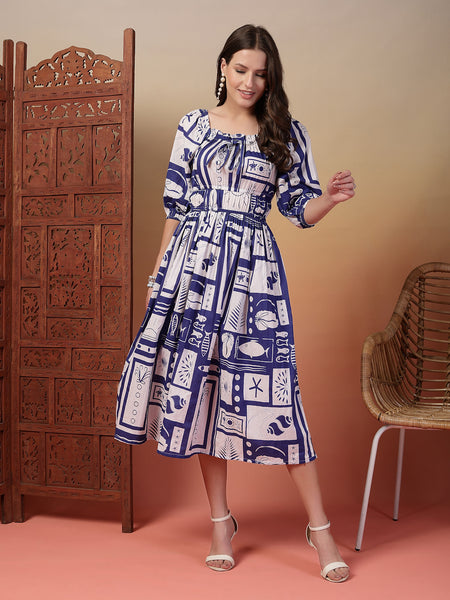 Indibelle Cotton Abstract Print Flared Dress (Blue)
