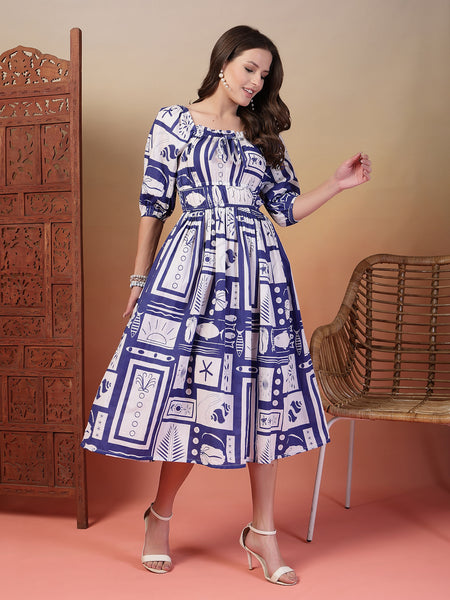 Indibelle Cotton Abstract Print Flared Dress (Blue)