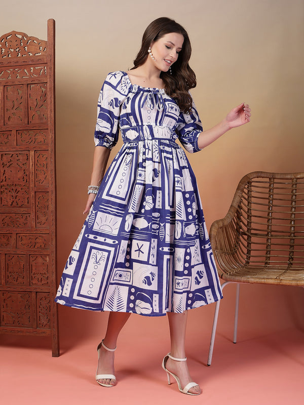 Indibelle Cotton Abstract Print Flared Dress