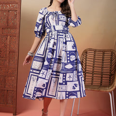 Indibelle Cotton Abstract Print Flared Dress (Blue)