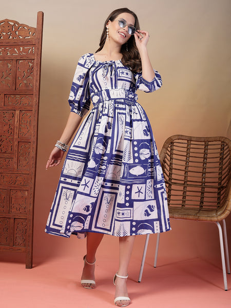 Indibelle Cotton Abstract Print Flared Dress (Blue)