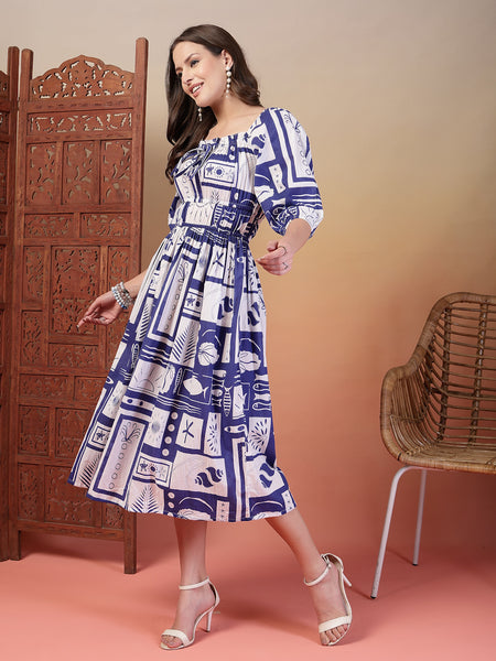 Indibelle Cotton Abstract Print Flared Dress (Blue)