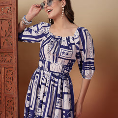 Indibelle Cotton Abstract Print Flared Dress (Blue)