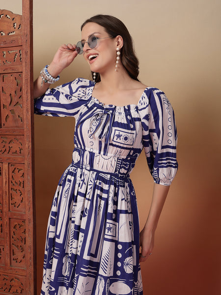 Indibelle Cotton Abstract Print Flared Dress (Blue)