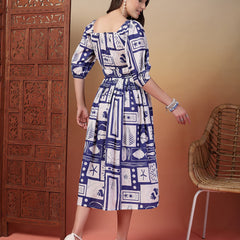 Indibelle Cotton Abstract Print Flared Dress (Blue)