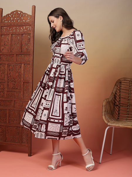 Indibelle Cotton Abstract Print Flared Dress