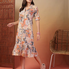 Indibelle Cotton Abstract Print A-Line Dress (Peach)