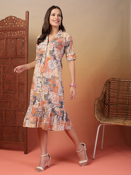 Indibelle Cotton Abstract Print A-Line Dress (Peach)