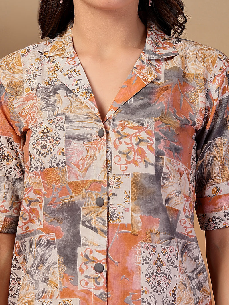 Indibelle Cotton Abstract Print A-Line Dress (Peach)