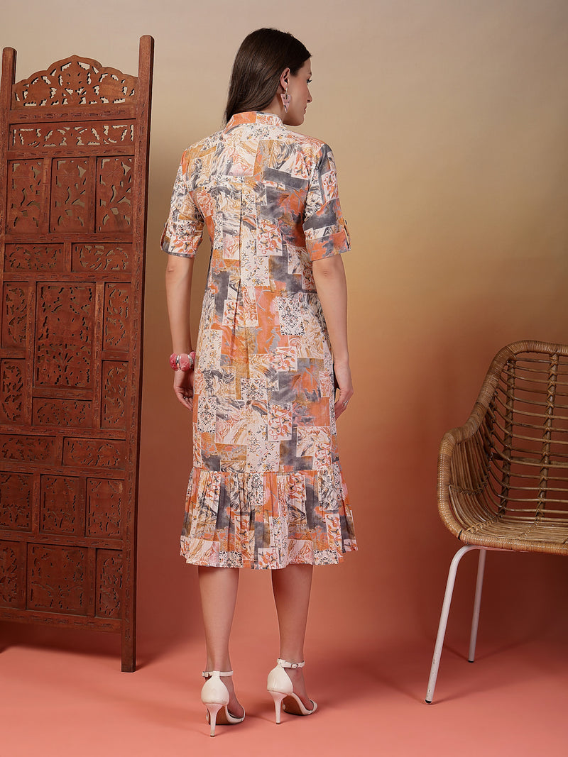 Indibelle Cotton Abstract Print A-Line Dress (Peach)