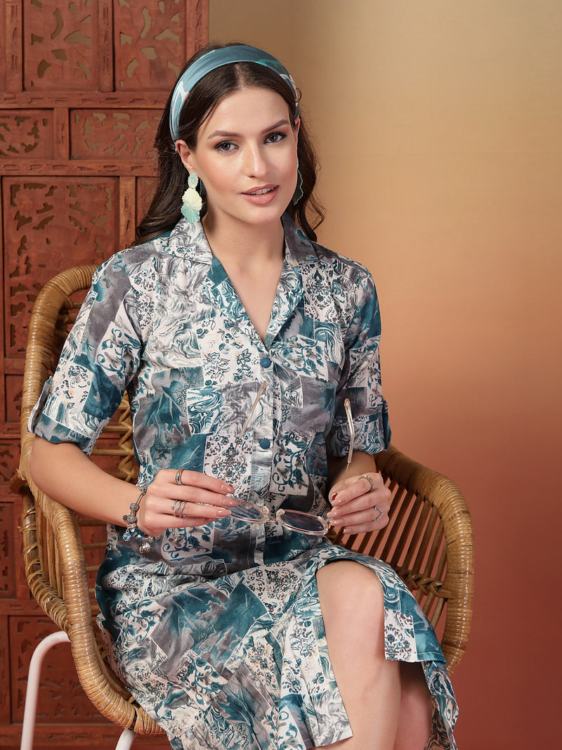 Indibelle Cotton Abstract Print A-Line Dress (Peach)