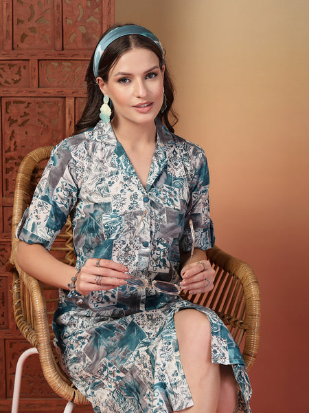Indibelle Cotton Abstract Print A-Line Dress (Teal)