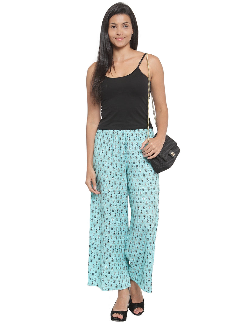 Indibelle Cotton Ethnic Booti Printed Trousers (Sky Blue)
