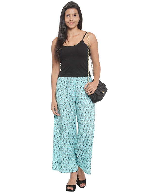 Indibelle Cotton Ethnic Booti Printed Trousers (Sky Blue)