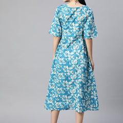 Indibelle Cotton Floral Print Button A-Line Dress (Sky Blue)