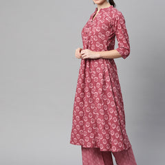 Indibelle Cotton Magenta Floral Print A-Line Kurta 