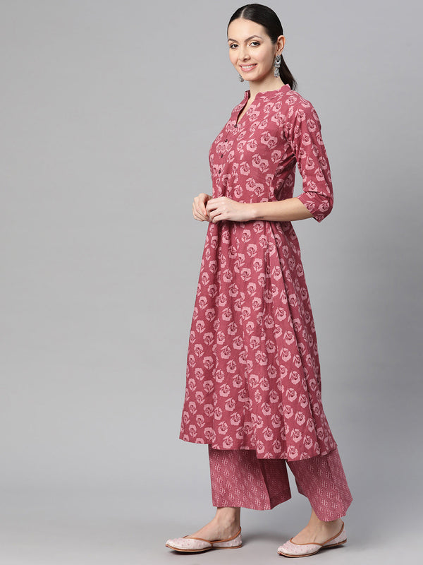 Indibelle Cotton Magenta Floral Print A-Line Kurta 