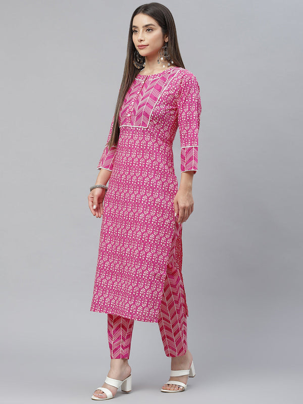 Indibelle Cotton Front Neck Floral Print Straight Kurta (Pink)