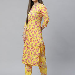 Indibelle Cotton Yellow Floral Print Straight Kurta set