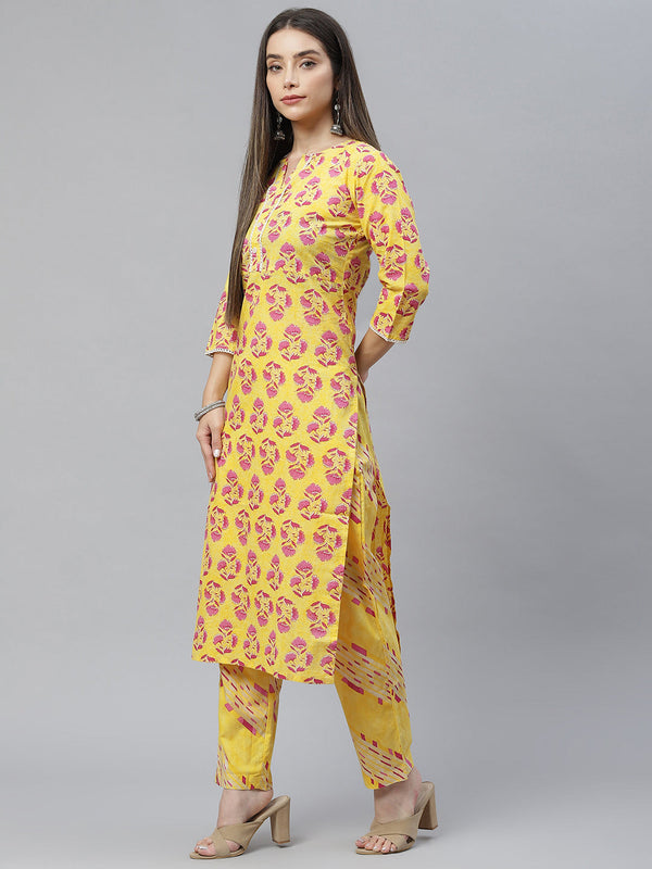 Indibelle Cotton Yellow Floral Print Straight Kurta set