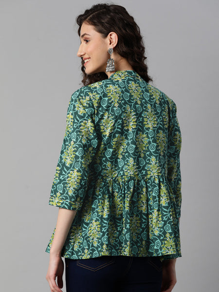 Indibelle Cotton Green Floral Print Shrug/Cape