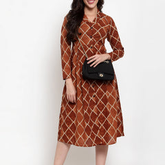 Indibelle Cotton Brown Geometric Print A-Line Dress