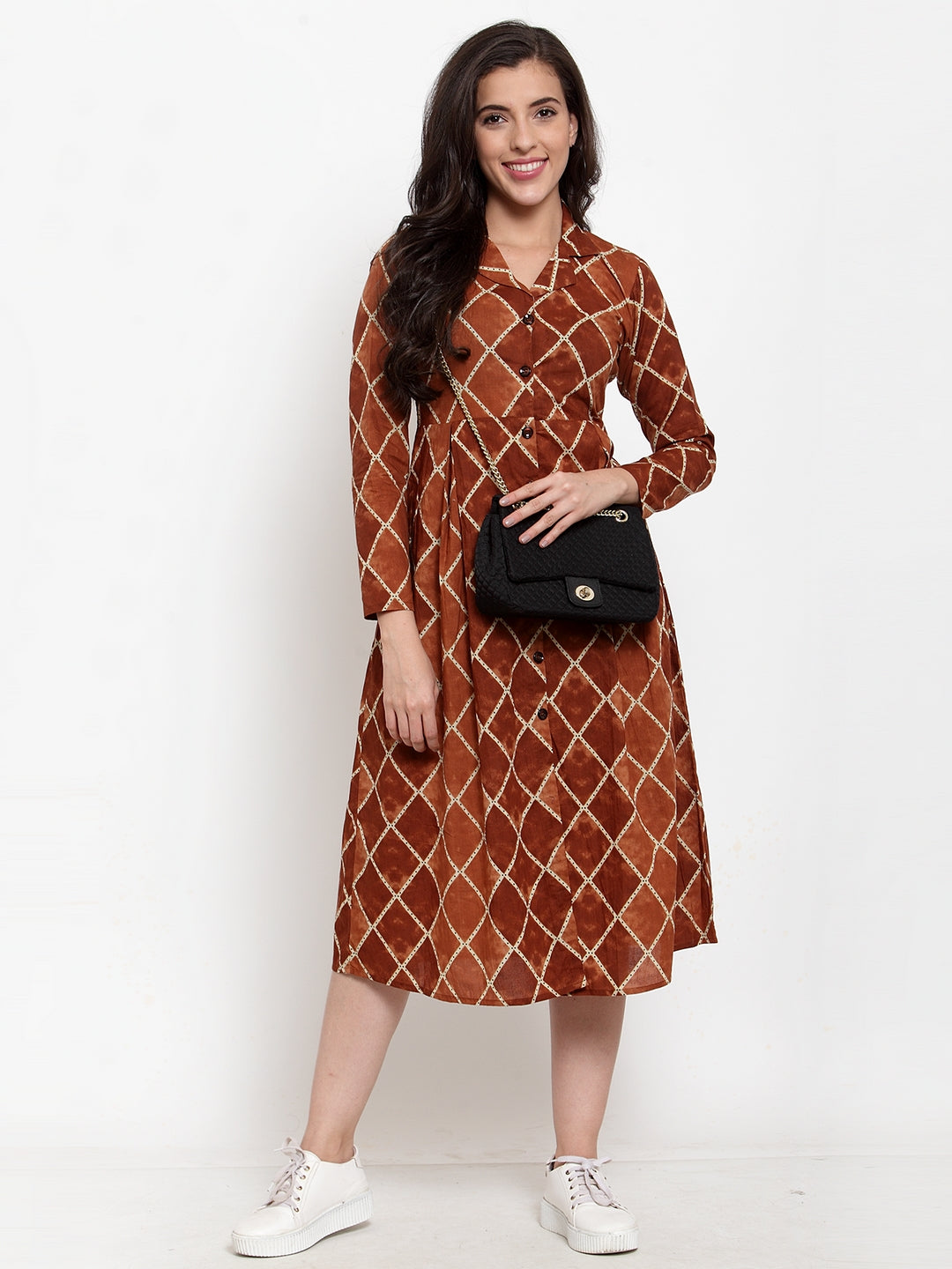 Indibelle Cotton Brown Geometric Print A-Line Dress