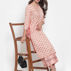 Indibelle Women Peach Cotton Flax Floral Print Straight Kurta set
