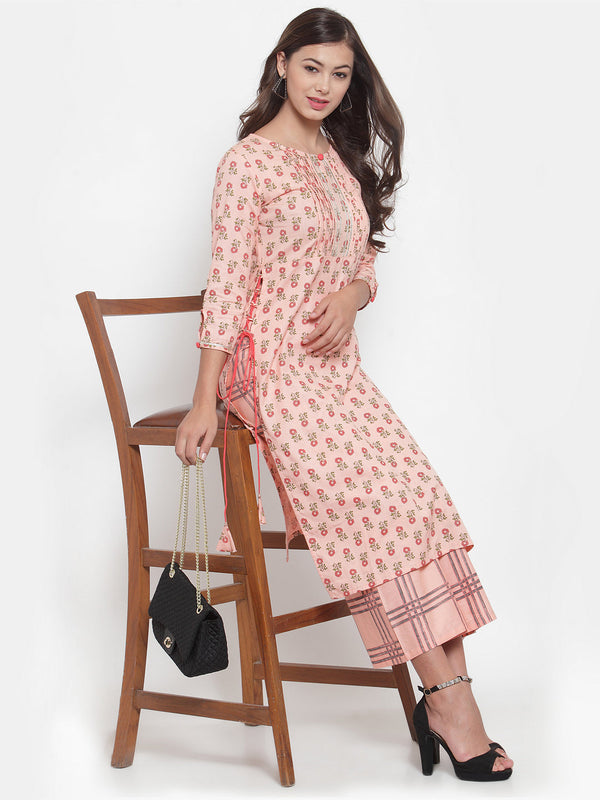 Indibelle Women Peach Cotton Flax Floral Print Straight Kurta set