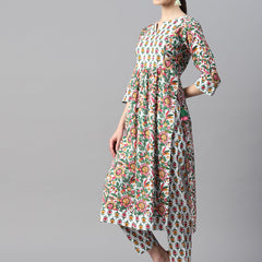 Indibelle Cotton Light Green Floral Print Kurta