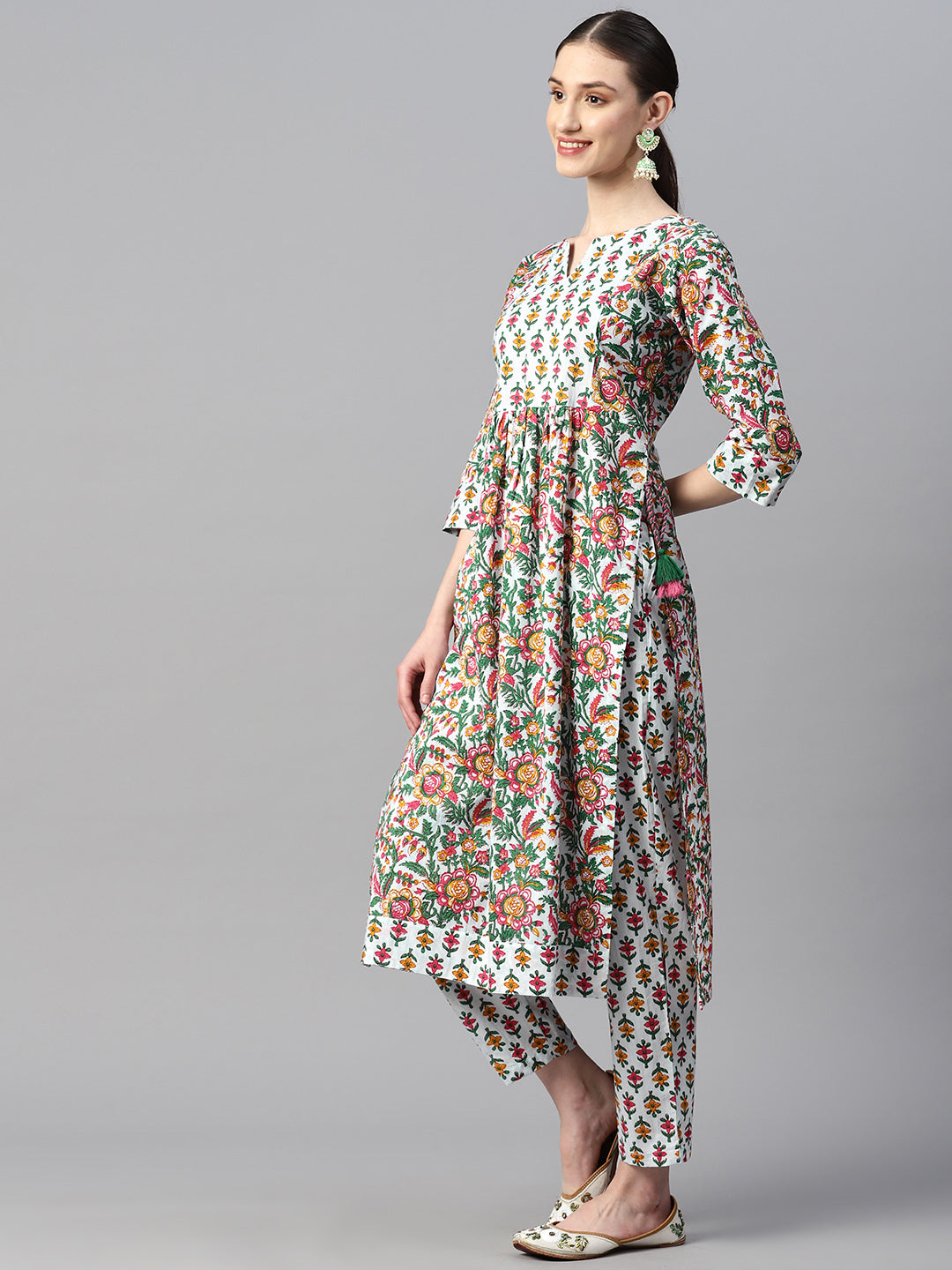 Indibelle Cotton Light Green Floral Print Kurta