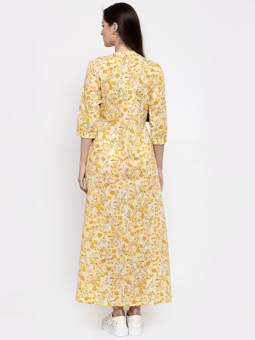 Indibelle cotton yellow floral print yoke pin tacks A-line Kurta