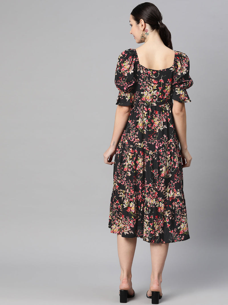 Indibelle Rayon Black Floral Print Dress