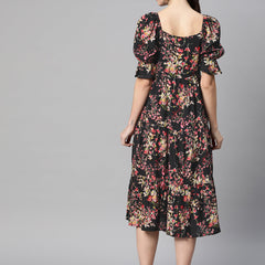 Indibelle Rayon Black Floral Print Dress