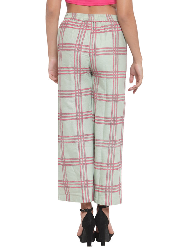 Indibelle Cotton Checkered Printed Plazzo Pants (Sea Green)