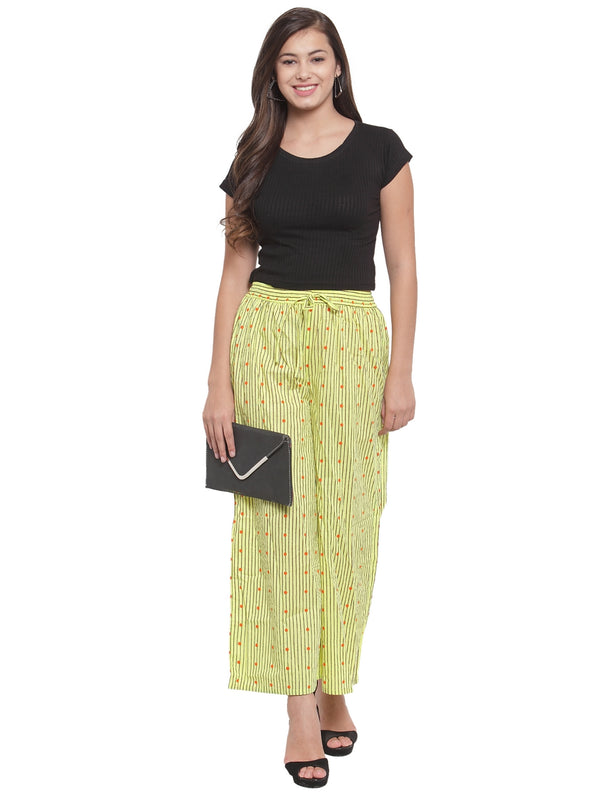 Indibelle Cotton Striped Dot Print Plazzo Pants (Yellow)