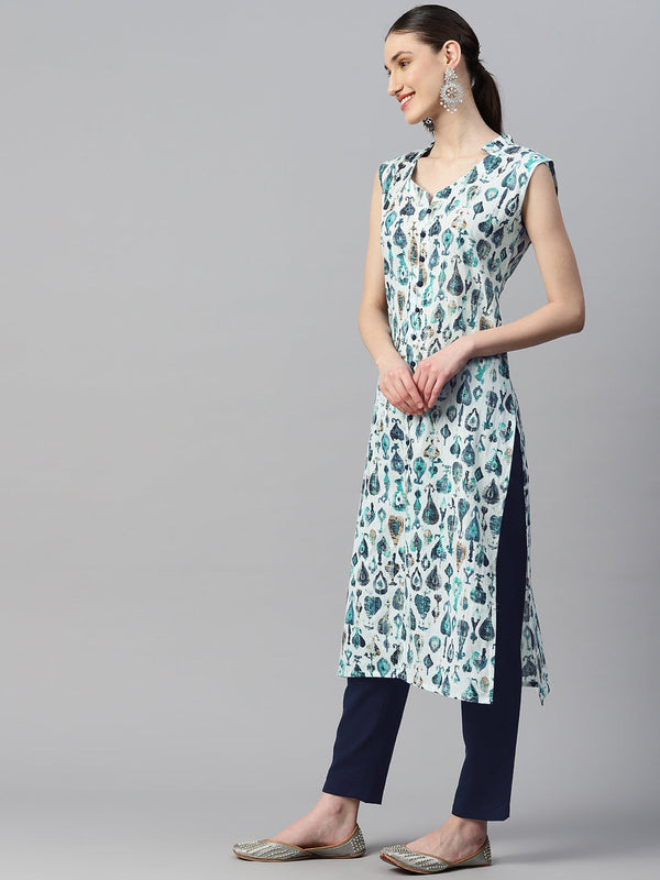 Indibelle Cotton Lurex Teal Abstract Print Kurta