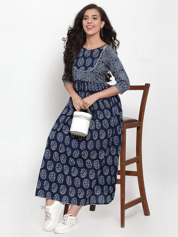 Indibelle Cotton Blue Paisley Print A-Line Dress