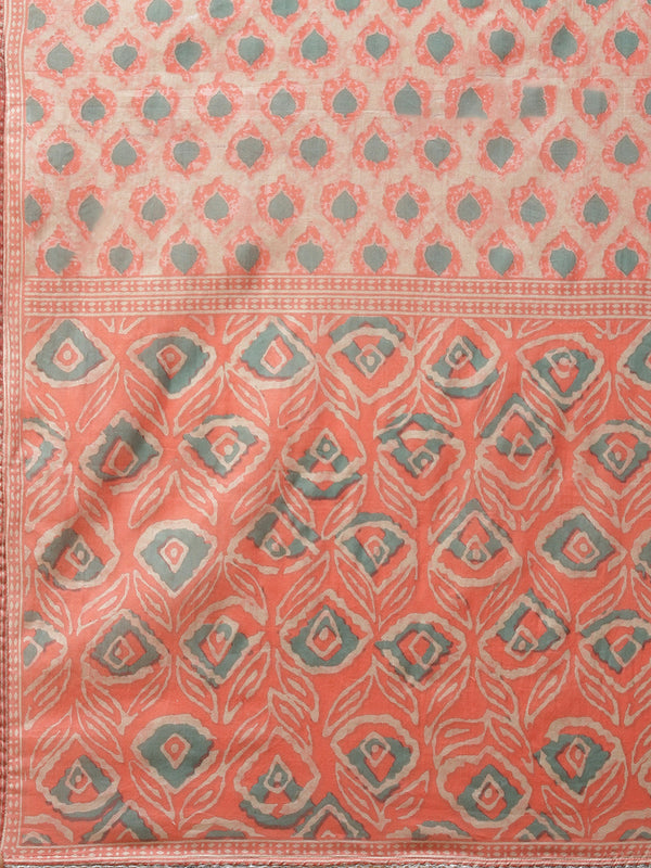 Indibelle Cotton Round Neck Floral Print A-Line Kurta Pant With Dupatta (Peach)