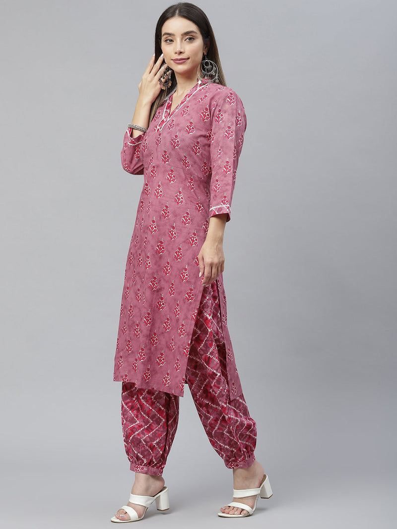 Indibelle Cotton Magenta Floral Print Straight Kurta