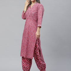 Indibelle Cotton Magenta Floral Print Straight Kurta
