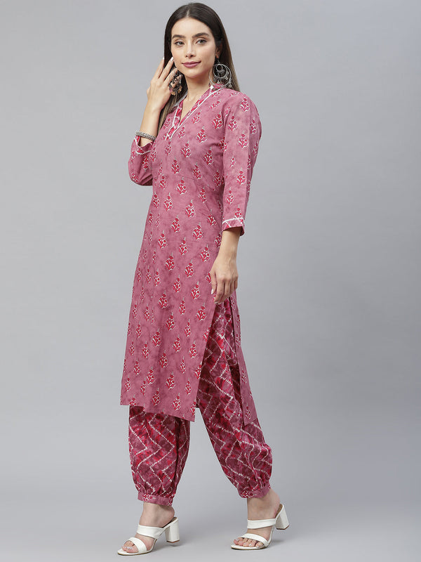 Indibelle Cotton Magenta Floral Print Straight Kurta