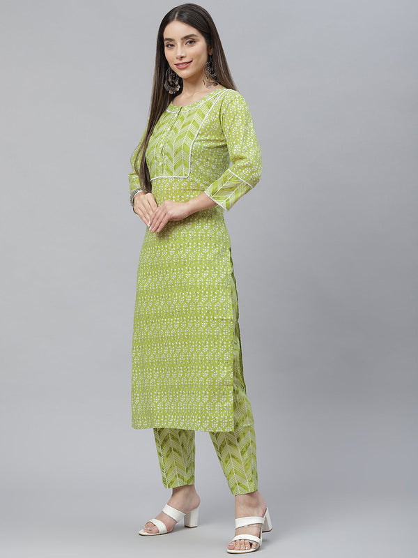 Indibelle Cotton Floral Print Lace Detail Straight Kurta set