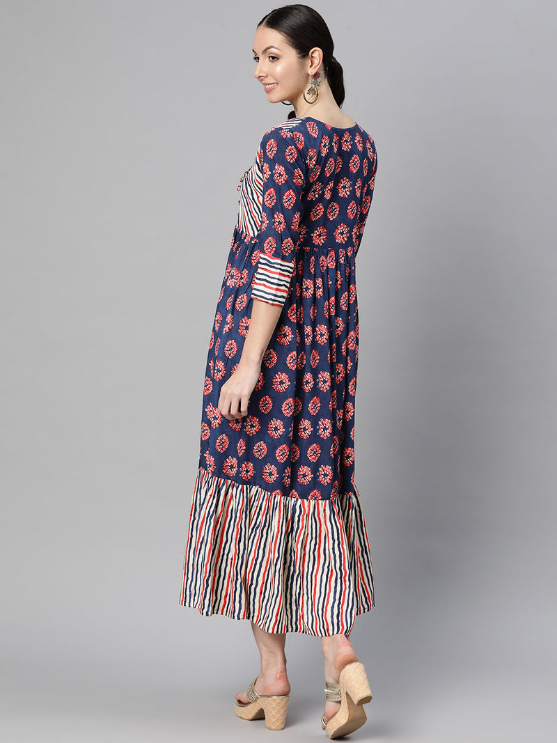 Indibelle Rayon Floral Print Flared Maxi Dress (Blue)