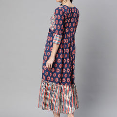 Indibelle Rayon Floral Print Flared Maxi Dress (Blue)