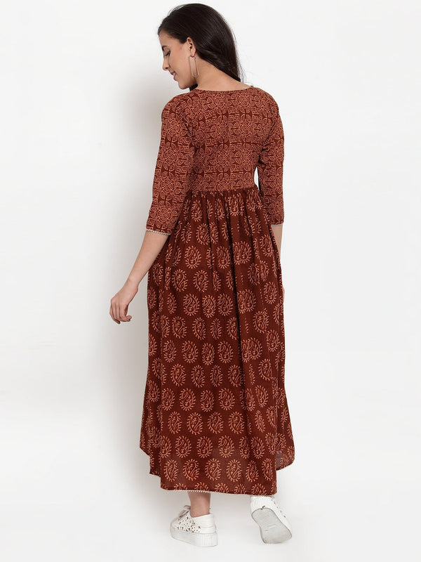 Indibelle Cotton Brown Paisley Print A-Line Dress