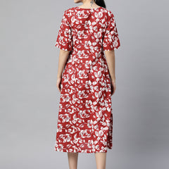 Indibelle Cotton Maroon Floral Print A-Line Dress