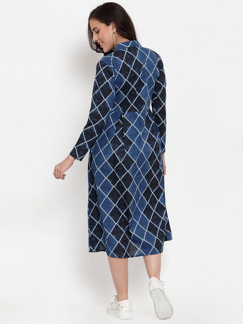 Indibelle Cotton Blue Geometric Print A-Line Dress