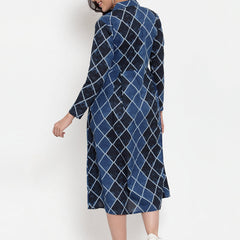 Indibelle Cotton Blue Geometric Print A-Line Dress