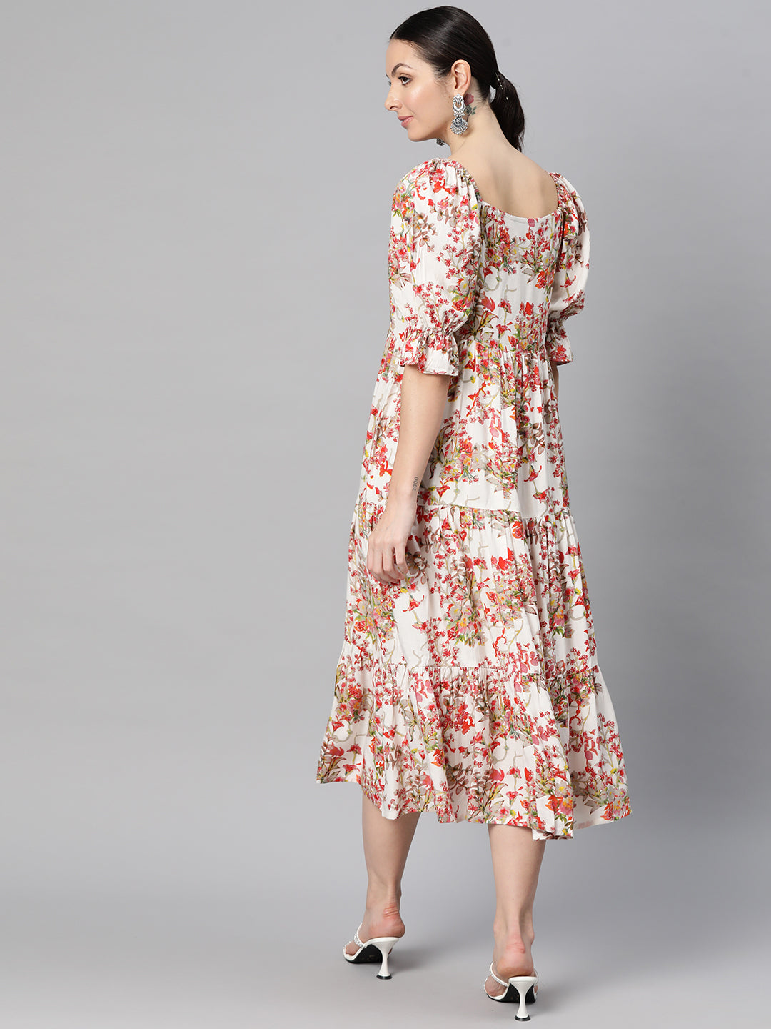 Indibelle Rayon White Floral Print Dress